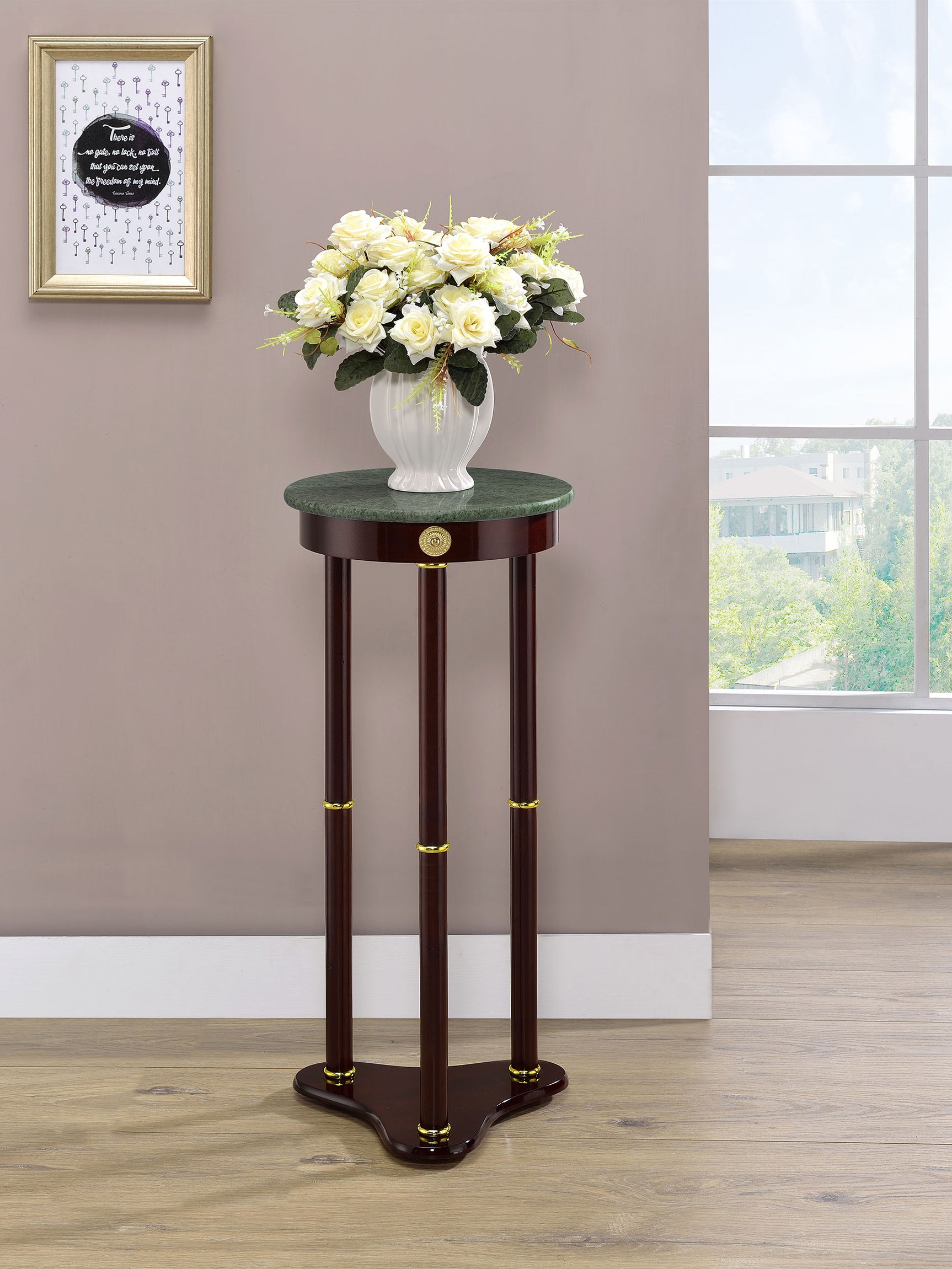 Edie Round Marble Top Plant Stand Merlot - Tampa Furniture Outlet