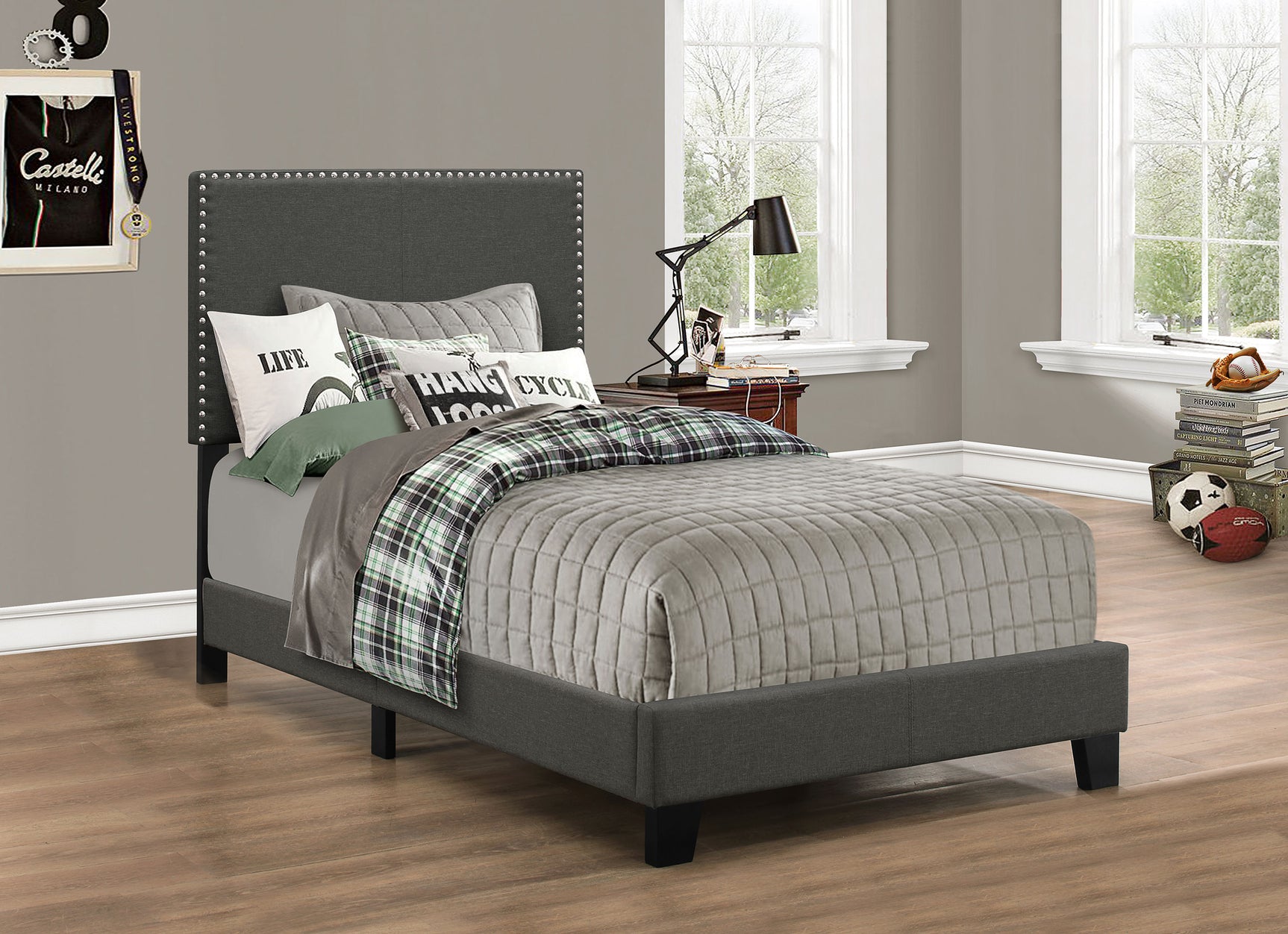 Boyd Upholstered Twin Panel Bed Charcoal - Tampa Furniture Outlet