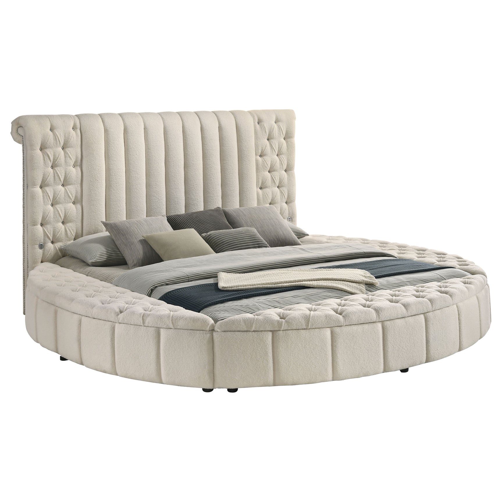 Sonya Upholstered Eastern King Round Storage Bed Ivory - Tampa Furniture Outlet