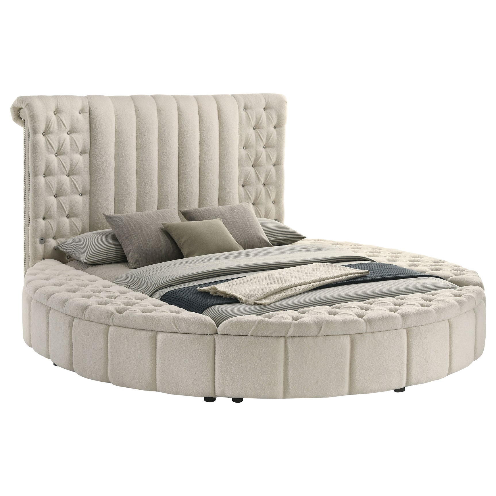 Sonya Upholstered Queen Round Storage Bed Ivory - Tampa Furniture Outlet