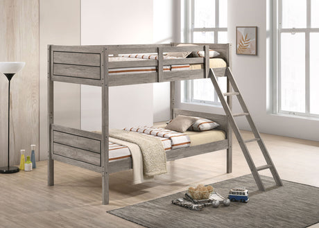 Ryder Wood Twin Over Twin Bunk Bed with Mattress Weathered Taupe - Tampa Furniture Outlet