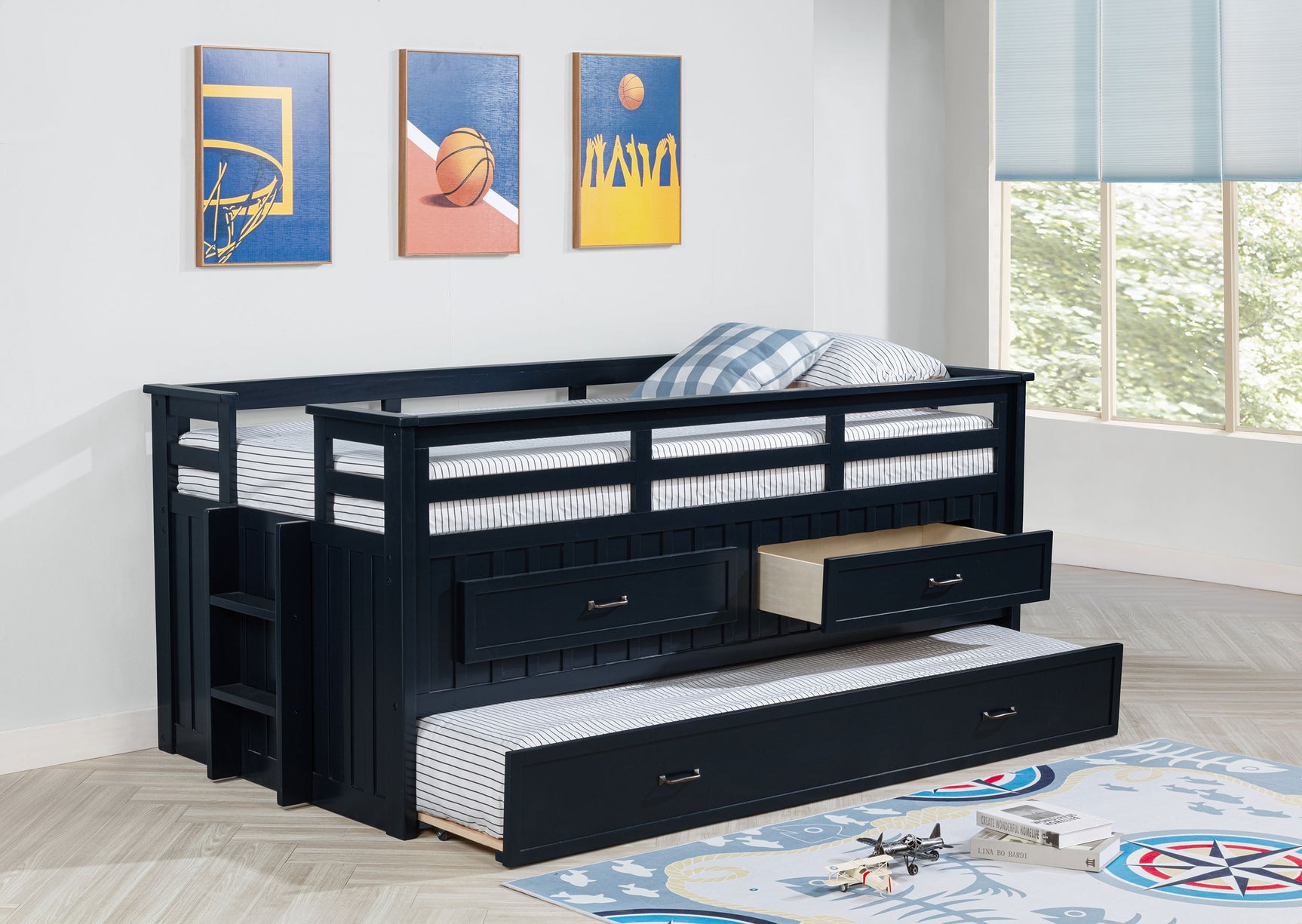 Carlsbad Wood Twin Captains Bed With Trundle Navy Blue - Tampa Furniture Outlet