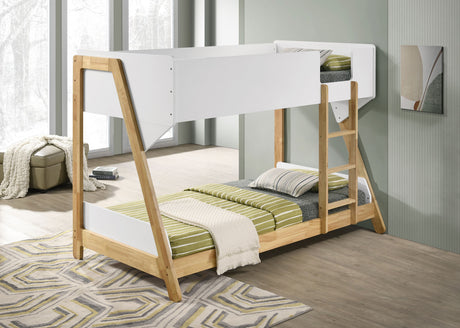 Wyatt Wood Twin Over Twin Bunk Bed White and Natural - Tampa Furniture Outlet