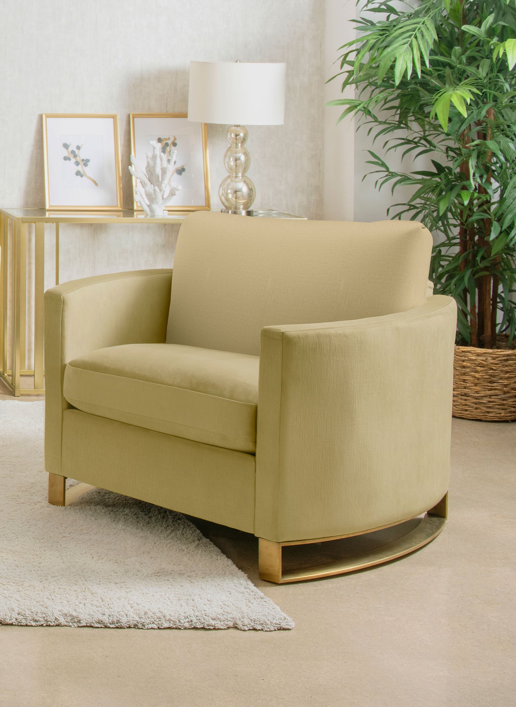 Corliss Upholstered Curved Track Arm Chair Camel - Tampa Furniture Outlet