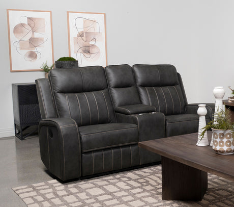Raelynn Upholstered Track Arm Motion Loveseat Grey - Tampa Furniture Outlet