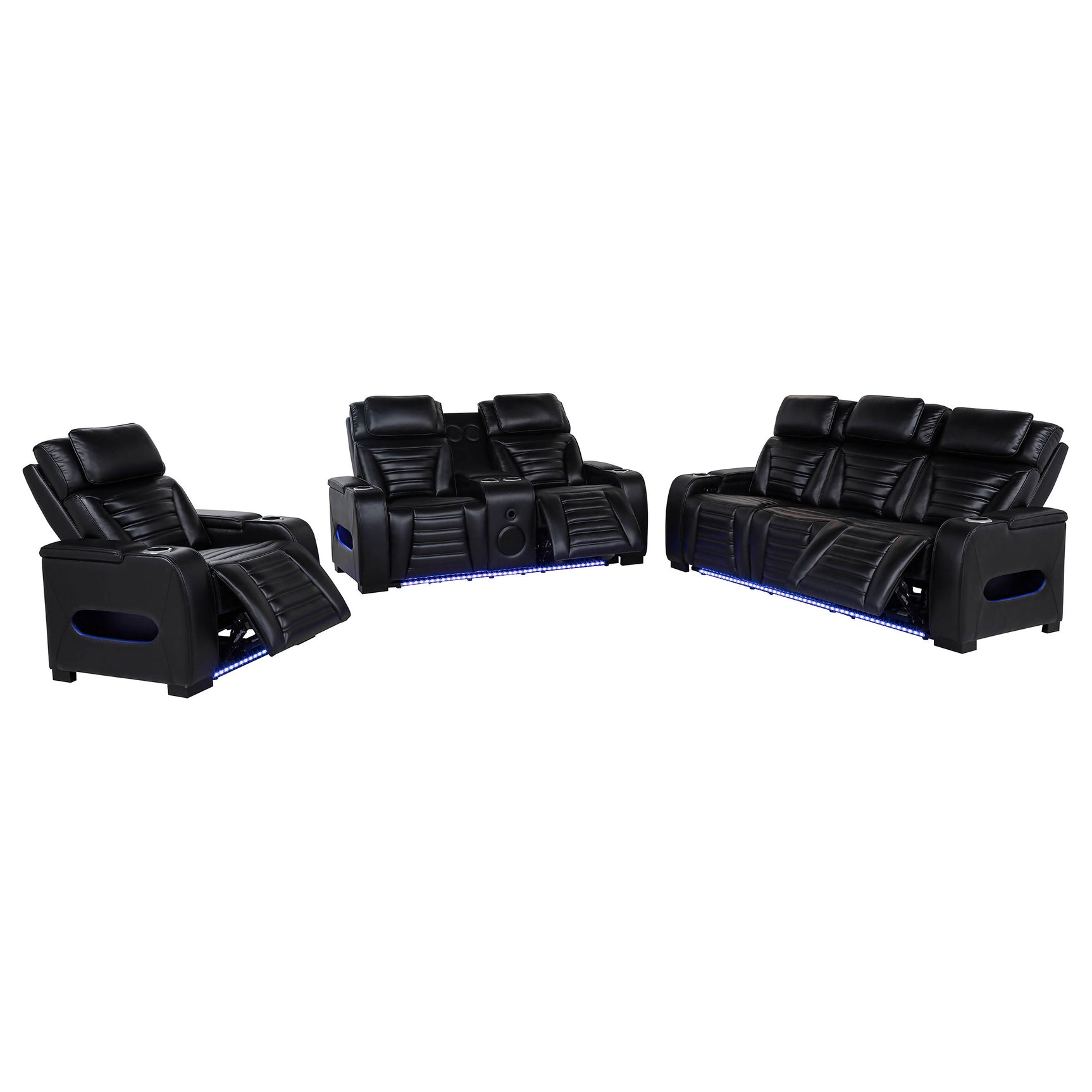 Zuma 3-piece Faux Leather Dual Power LED Sofa Set Black
