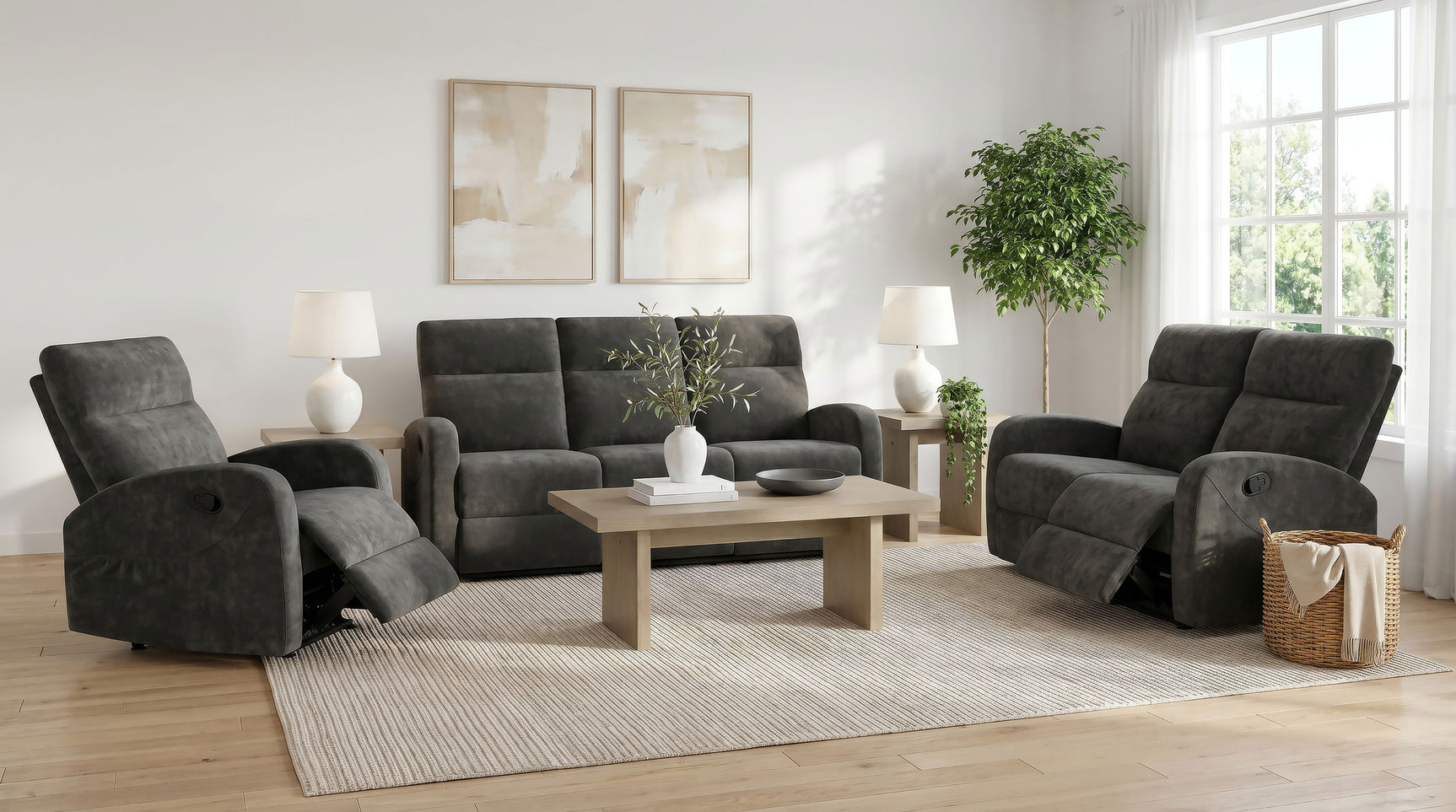 Tampa Furniture Outlet - Coaster - Hamilton 3-piece Chenille Manual Reclining Sofa Set Charcoal Grey - 603374-S3