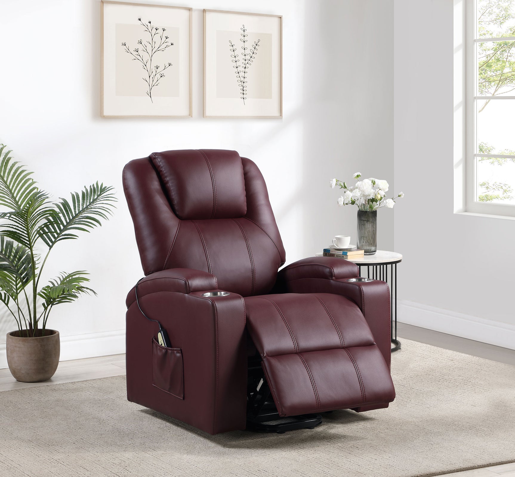 Armstrong Upholstered Power Lift Massage Recliner Wine - Tampa Furniture Outlet