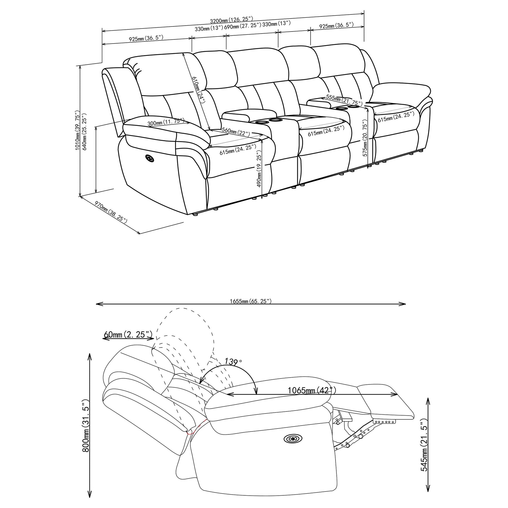 Bahrain 5-piece Power Home Theater Seating Charcoal - Tampa Furniture Outlet