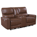Tampa Furniture Outlet - Coaster - Greenfield Upholstered Power Reclining Loveseat Saddle Brown - 610265P