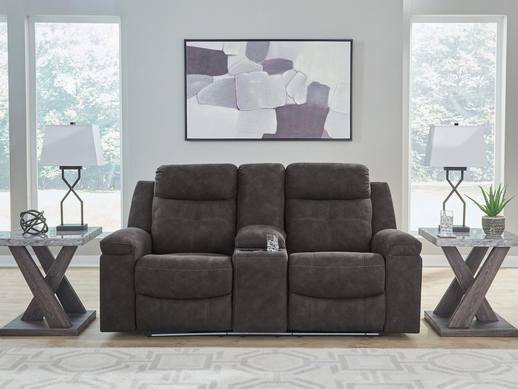 Tampa Furniture Outlet - Ashley Furniture - Brysonview Living Room - DBL Rec Loveseat w/Console / Charcoal - 6360594