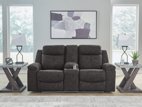 Tampa Furniture Outlet - Ashley Furniture - Brysonview Living Room - DBL Rec Loveseat w/Console / Charcoal - 6360594