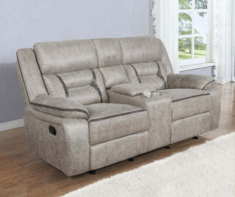 Greer Upholstered Motion Reclining Loveseat Taupe - Tampa Furniture Outlet