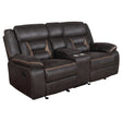 Tampa Furniture Outlet - Coaster - Greer Upholstered Motion Reclining Loveseat Brown - 651355