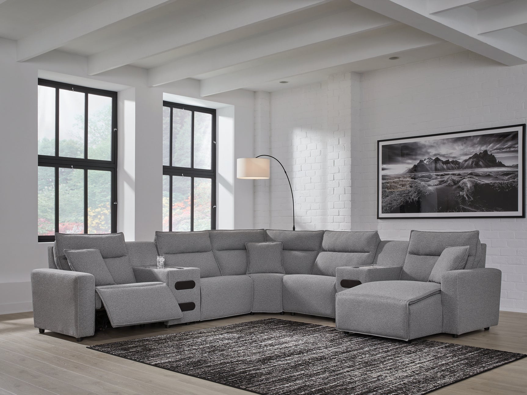 Tampa Furniture Outlet - Ashley Furniture - ModMax II Sectional - 7-Piece Power Reclining Sectional with Chaise and Audio Consoles / Salt and Pepper - 65906S7