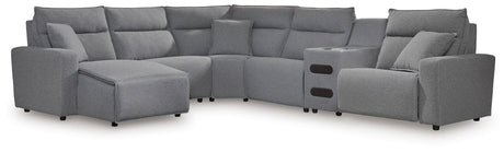 Tampa Furniture Outlet - Ashley Furniture - ModMax II Sectional - 6-Piece Reclining Sectional with Chaise and Audio Console / Salt and Pepper - 65906S29