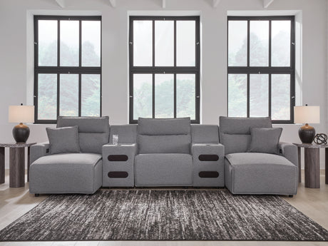 Tampa Furniture Outlet - Ashley Furniture - ModMax II Sectional - 5-Piece Power Reclining Sectional with Chaise and Audio Consoles / Salt and Pepper - 65906S15