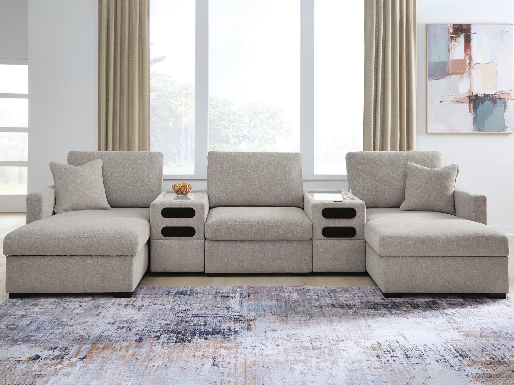 Tampa Furniture Outlet - Ashley Furniture - ModMax Luxe Sectional - RAF 5-Piece Double Chaise Sectional with Audio Consoles / Flint - 68605S43