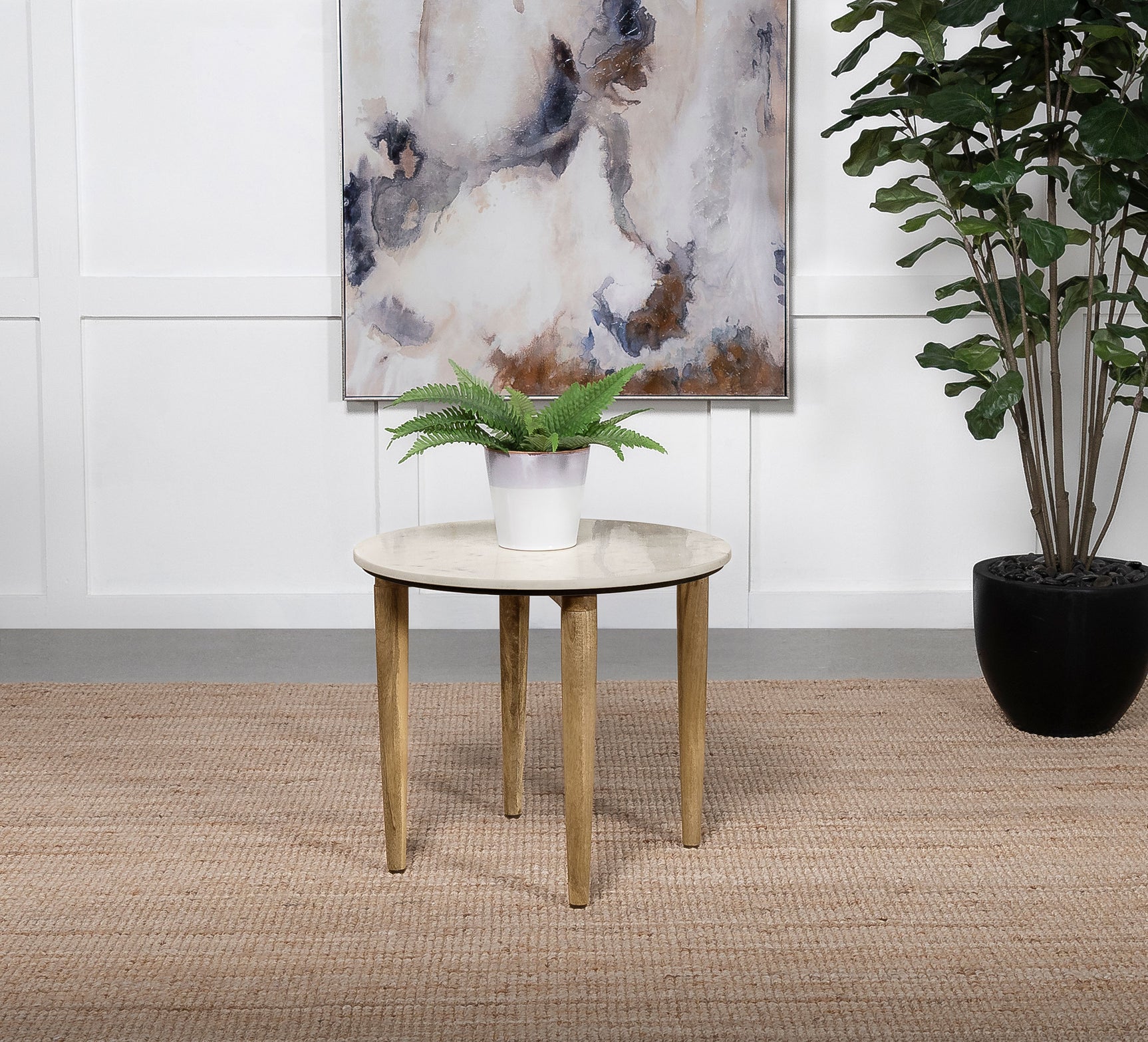 Aldis Round Marble Top Side End Table White and Natural - Tampa Furniture Outlet