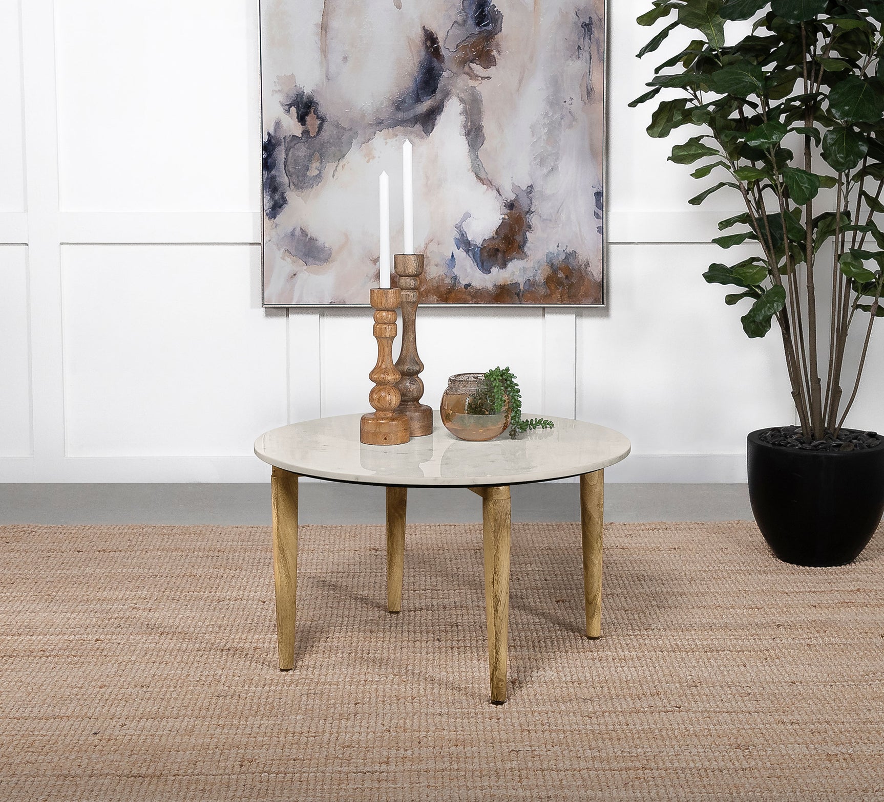 Aldis Round Marble Top Coffee Table White and Natural - Tampa Furniture Outlet