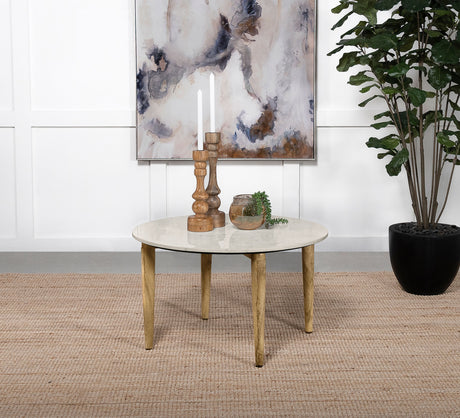 Aldis Round Marble Top Coffee Table White and Natural - Tampa Furniture Outlet