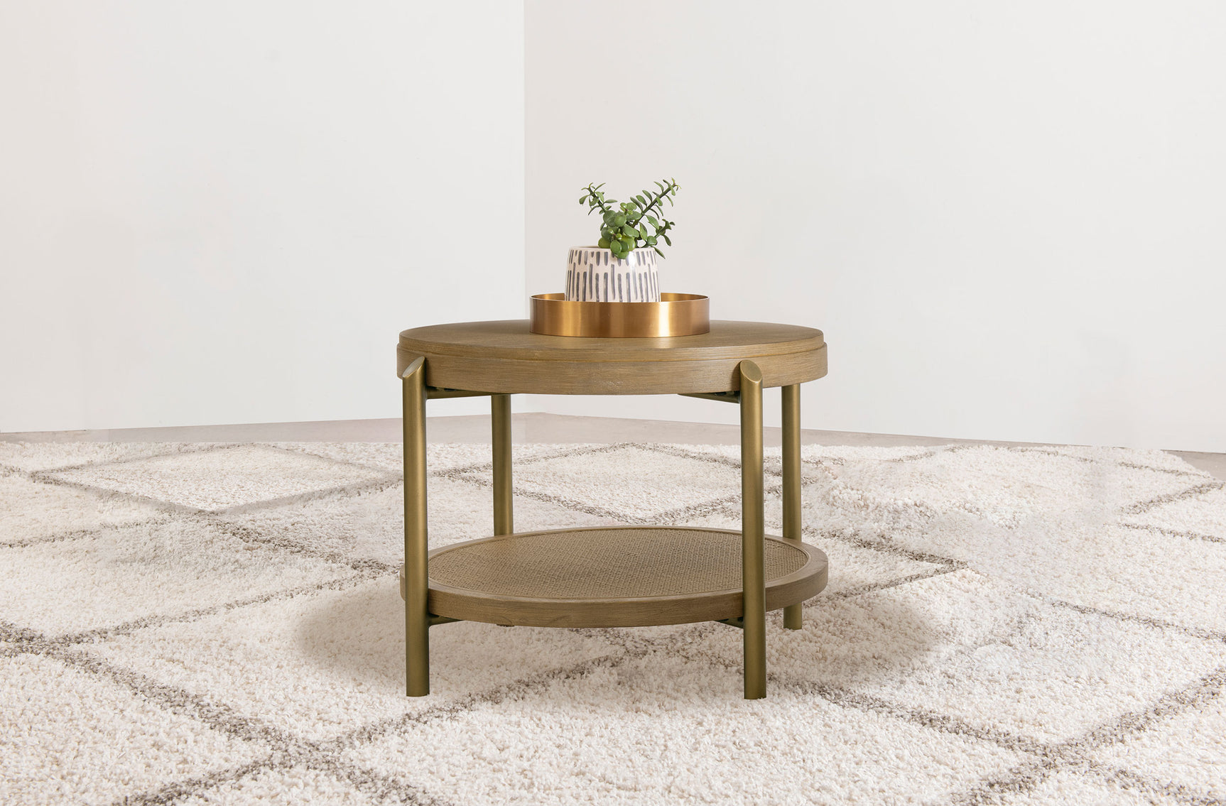 Arini Round End Side Table With Storage Shelf Sand Wash - Tampa Furniture Outlet