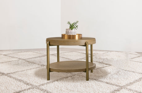 Arini Round End Side Table With Storage Shelf Sand Wash - Tampa Furniture Outlet