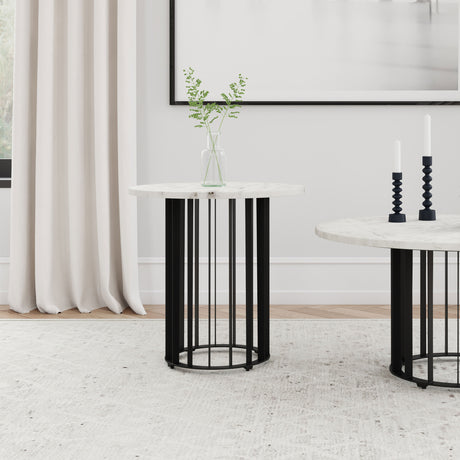 Haven Round Genuine White Marble Top End Side Table Black - Tampa Furniture Outlet