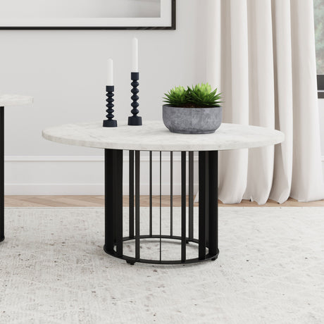 Haven Round Genuine White Marble Top Coffee Table Black - Tampa Furniture Outlet