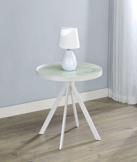 Briggs Round Marble Printed Glass Top End Side Table White - Tampa Furniture Outlet
