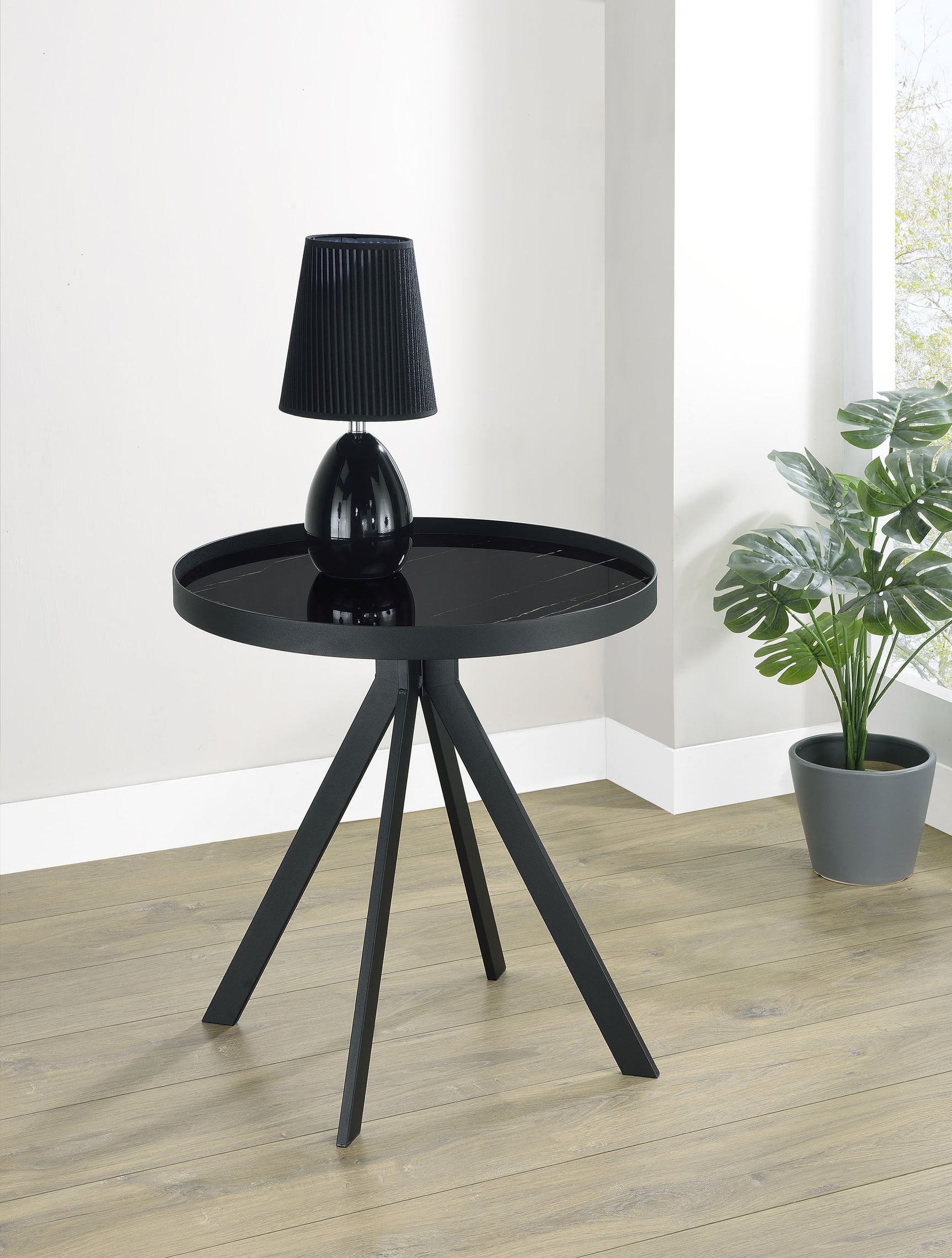 Briggs Round Marble Printed Glass Top End Table Black - Tampa Furniture Outlet