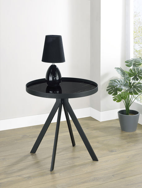 Briggs Round Marble Printed Glass Top End Table Black - Tampa Furniture Outlet