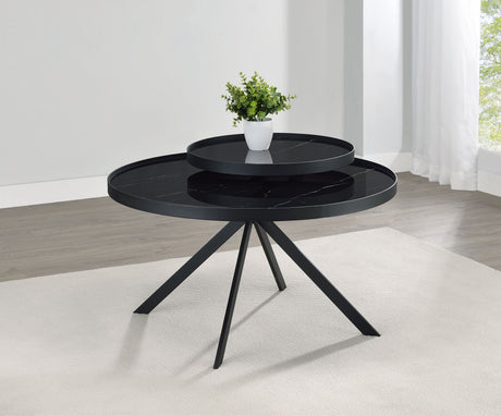 Briggs Round Marble Printed Glass Top Coffee Table Black - Tampa Furniture Outlet