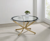 Brooke Round Glass Top Coffee Table Metal Base Brass - Tampa Furniture Outlet