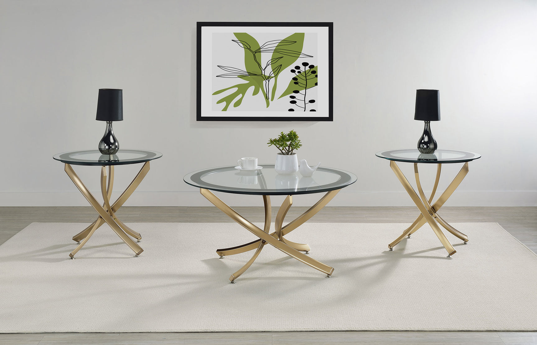 Brooke Round Glass Top Coffee Table Metal Base Brass - Tampa Furniture Outlet