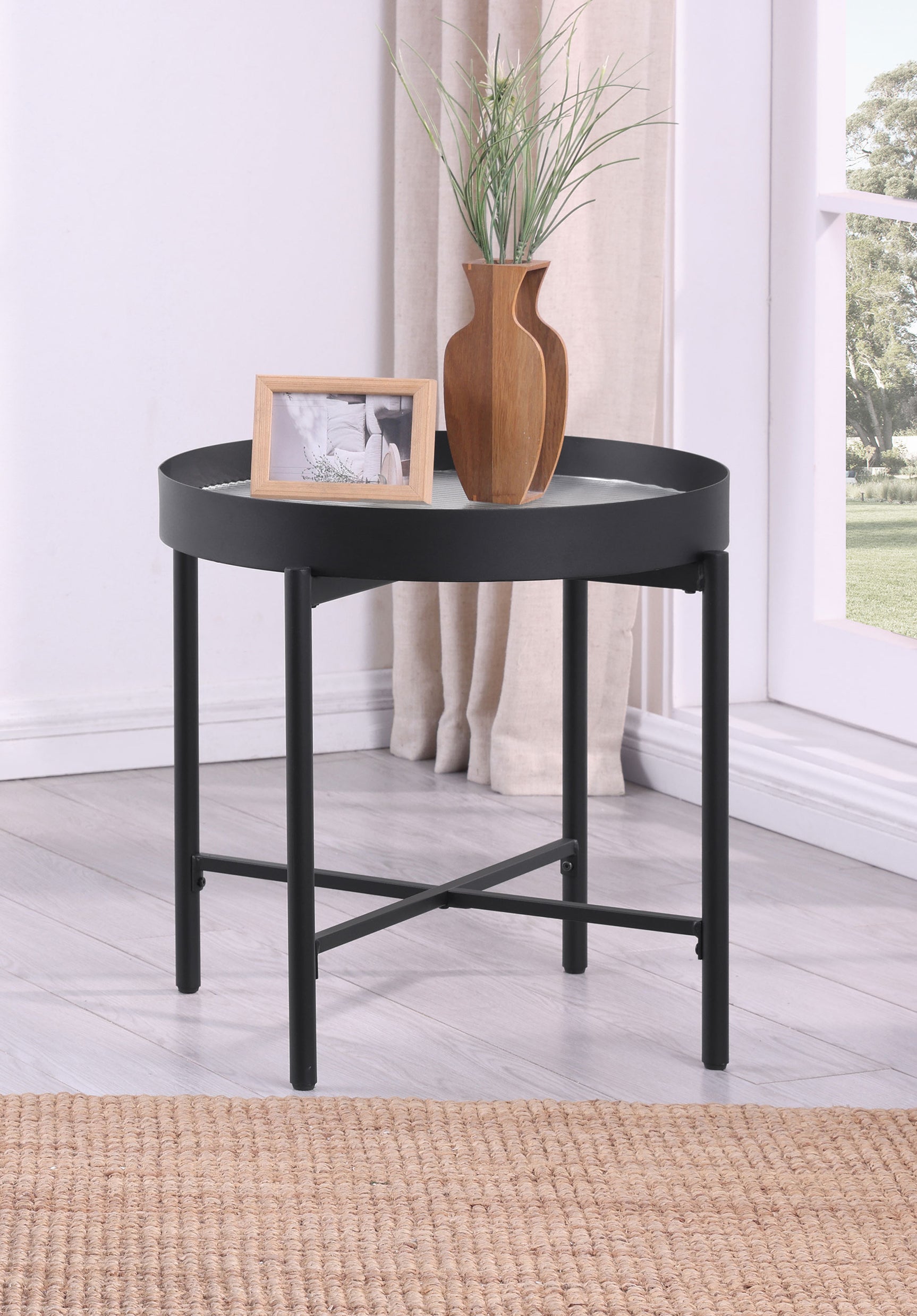 Ozella Round End Side Table with Recessed Top Sandy Black - Tampa Furniture Outlet