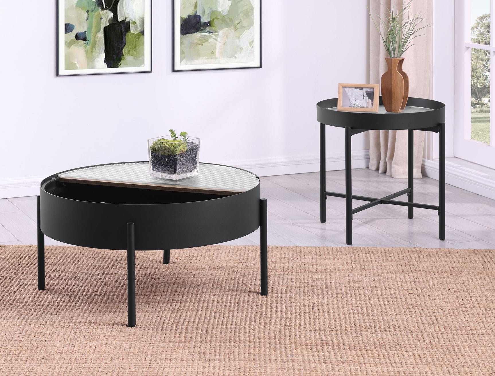 Ozella 2-piece Round Coffee and End Table Set Sandy Black - Tampa Furniture Outlet
