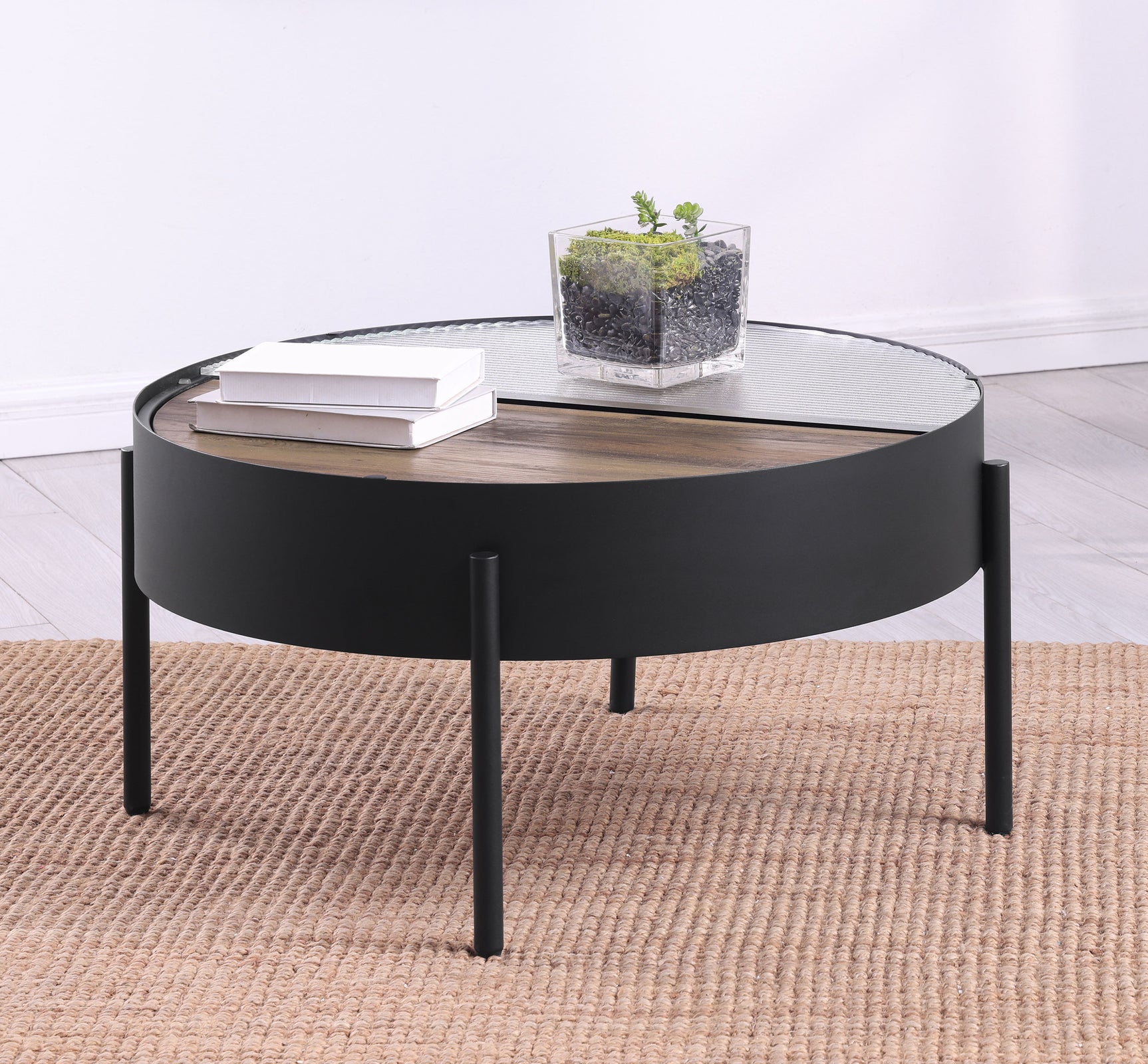 Ozella Round Coffee Table with Hidden Storage Sandy Black - Tampa Furniture Outlet