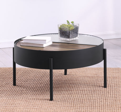 Ozella Round Coffee Table with Hidden Storage Sandy Black - Tampa Furniture Outlet