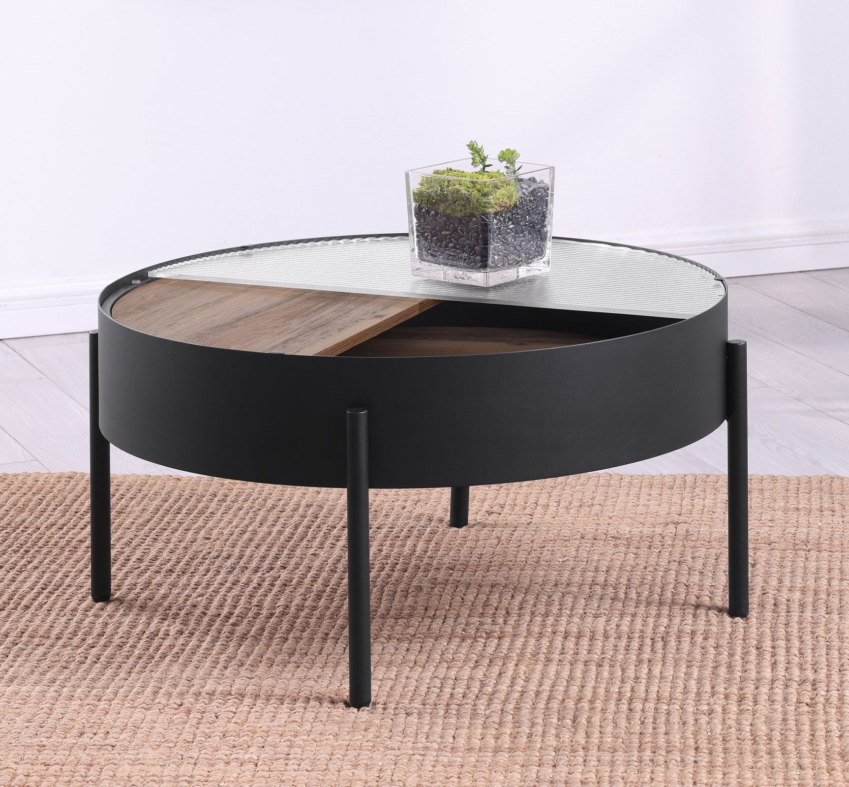 Ozella Round Coffee Table with Hidden Storage Sandy Black - Tampa Furniture Outlet