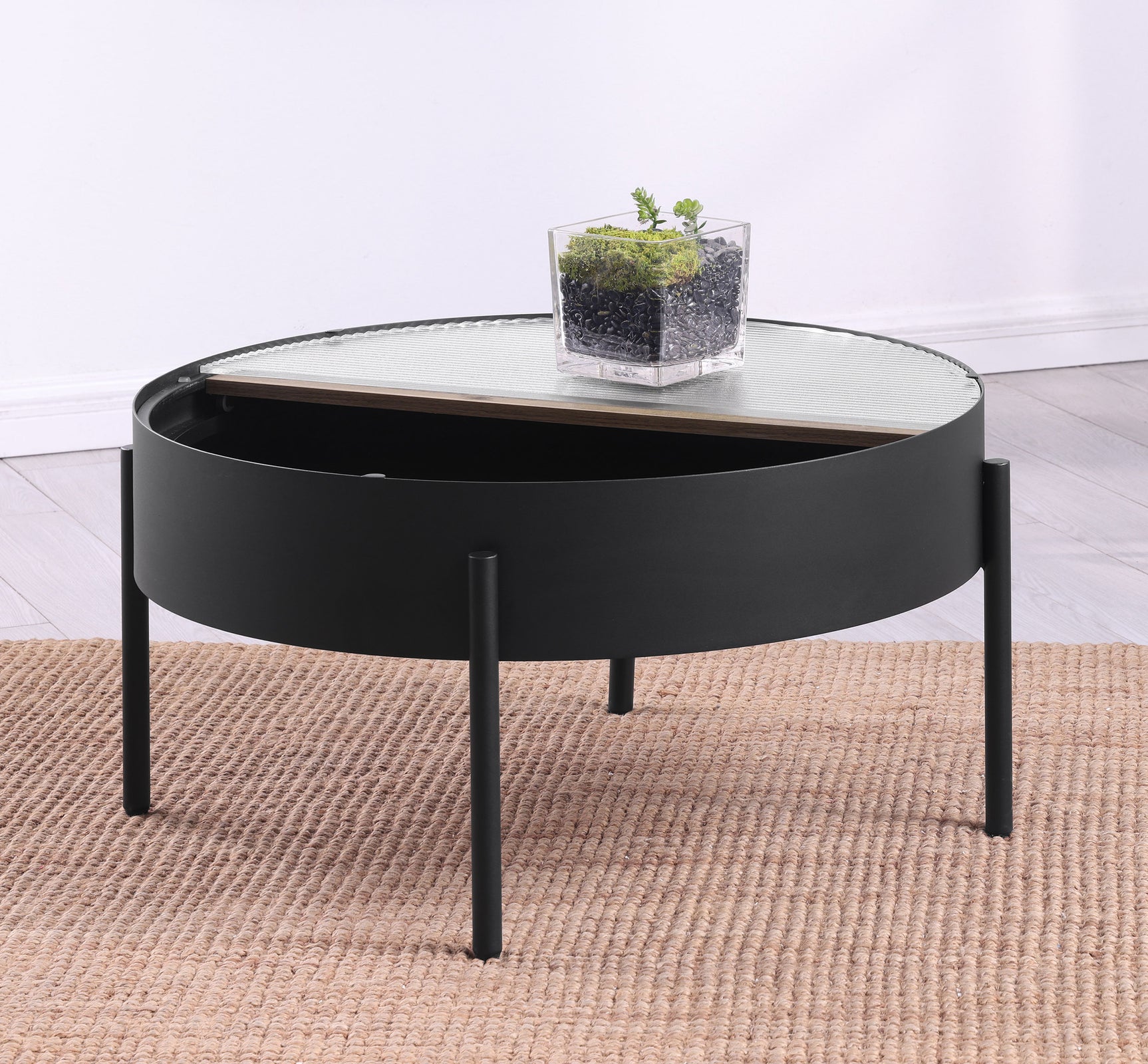 Ozella Round Coffee Table with Hidden Storage Sandy Black - Tampa Furniture Outlet