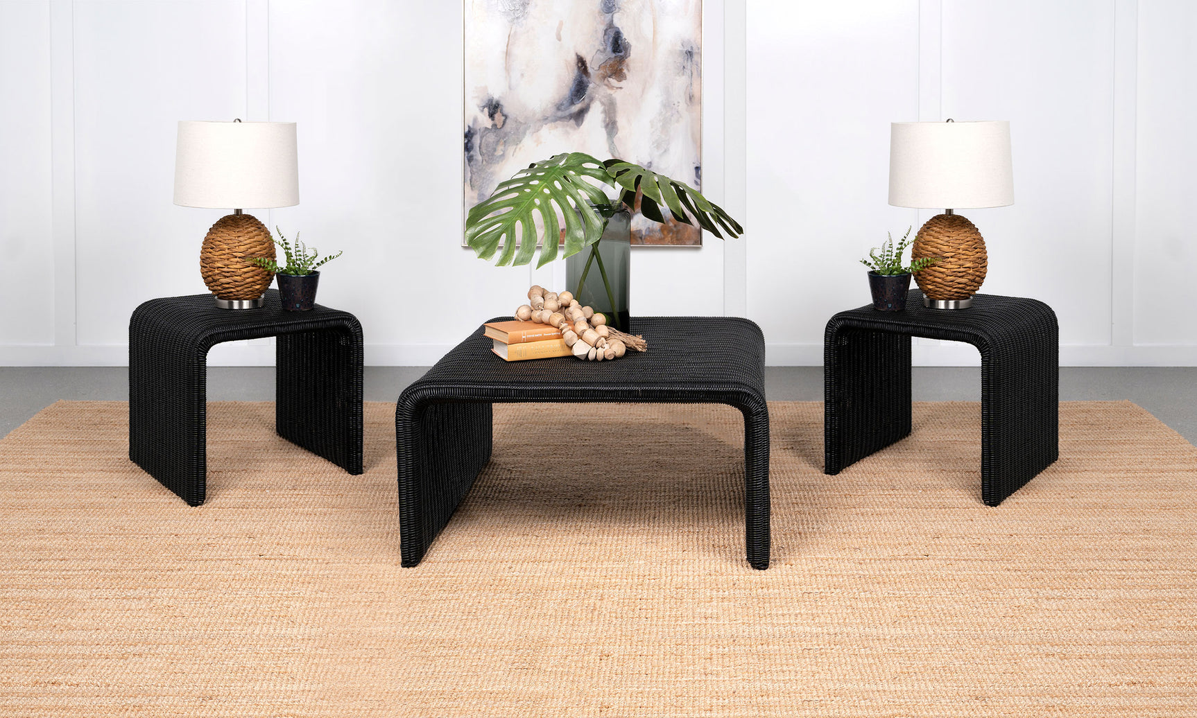 Tampa Furniture Outlet - Coaster - Cahya 3-piece Rattan Coffee and End Table Set Black - 708518-S3