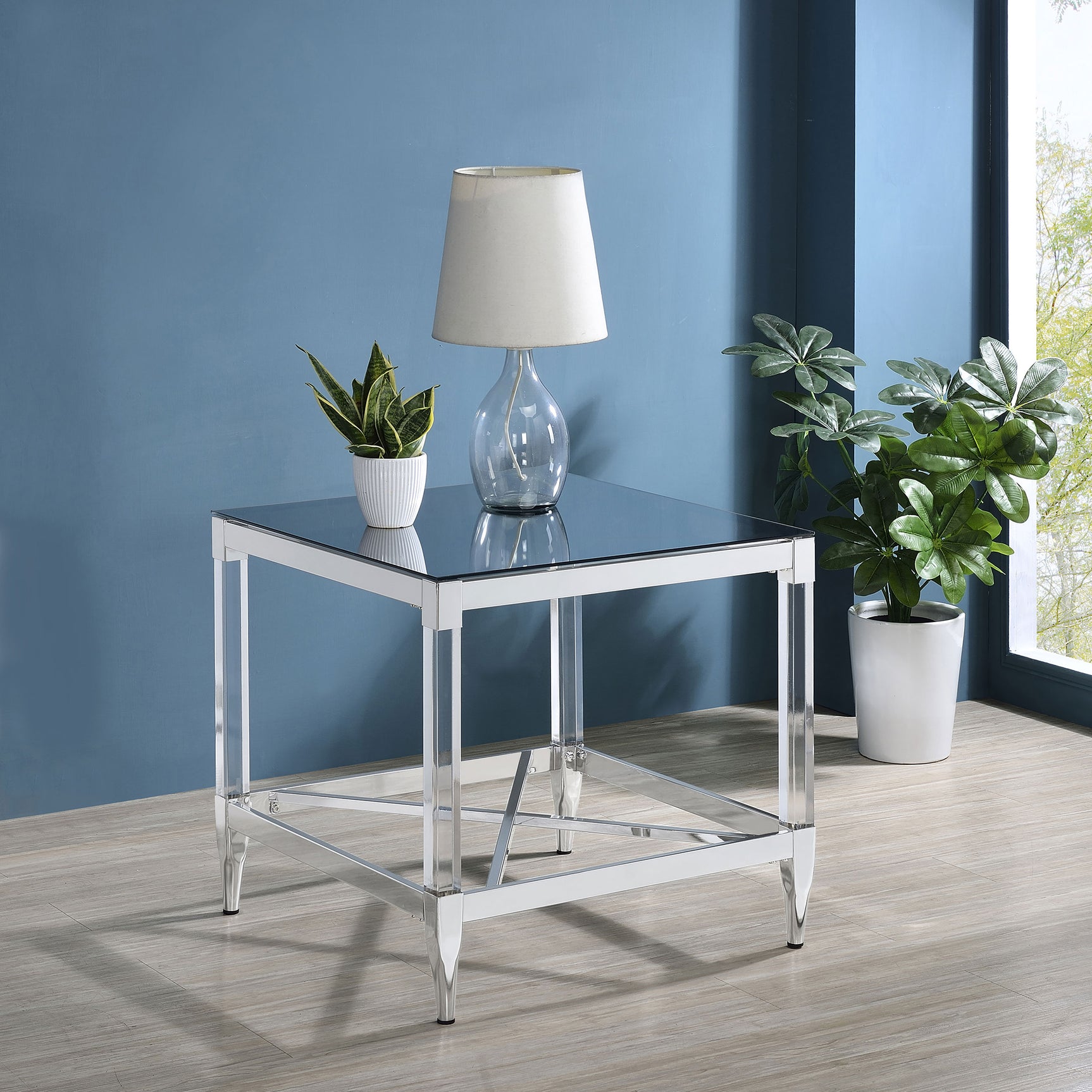 Lindley Square Tempered Mirror Acrylic Side End Table Chrome - Tampa Furniture Outlet