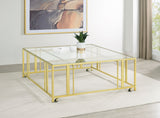 Adri Square Glass Top Coffee Table with Casters Matte Brass - Tampa Furniture Outlet