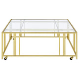 Adri Square Glass Top Coffee Table with Casters Matte Brass - Tampa Furniture Outlet