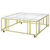 Adri Square Glass Top Coffee Table with Casters Matte Brass - Tampa Furniture Outlet