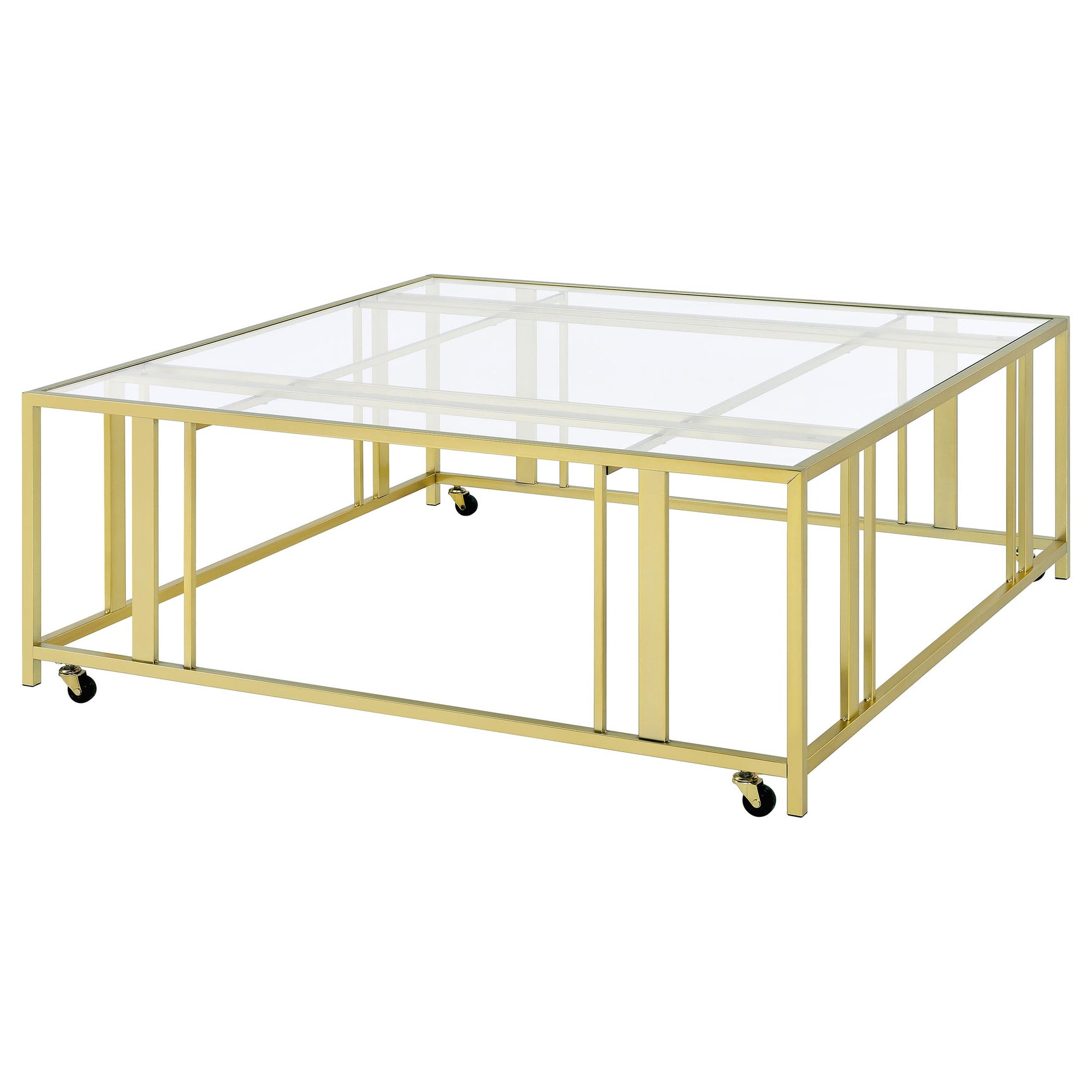 Adri Square Glass Top Coffee Table with Casters Matte Brass - Tampa Furniture Outlet