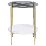 Jonelle Round Glass Top End Table White Marble Shelf Gold - Tampa Furniture Outlet