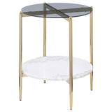 Jonelle Round Glass Top End Table White Marble Shelf Gold - Tampa Furniture Outlet