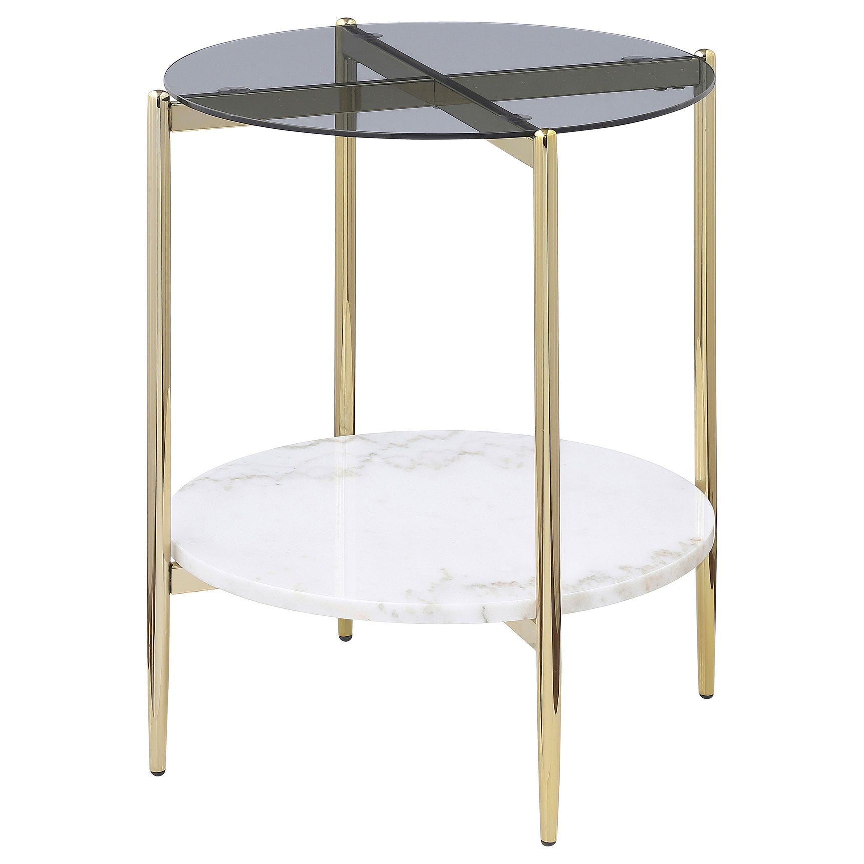Jonelle Round Glass Top End Table White Marble Shelf Gold - Tampa Furniture Outlet
